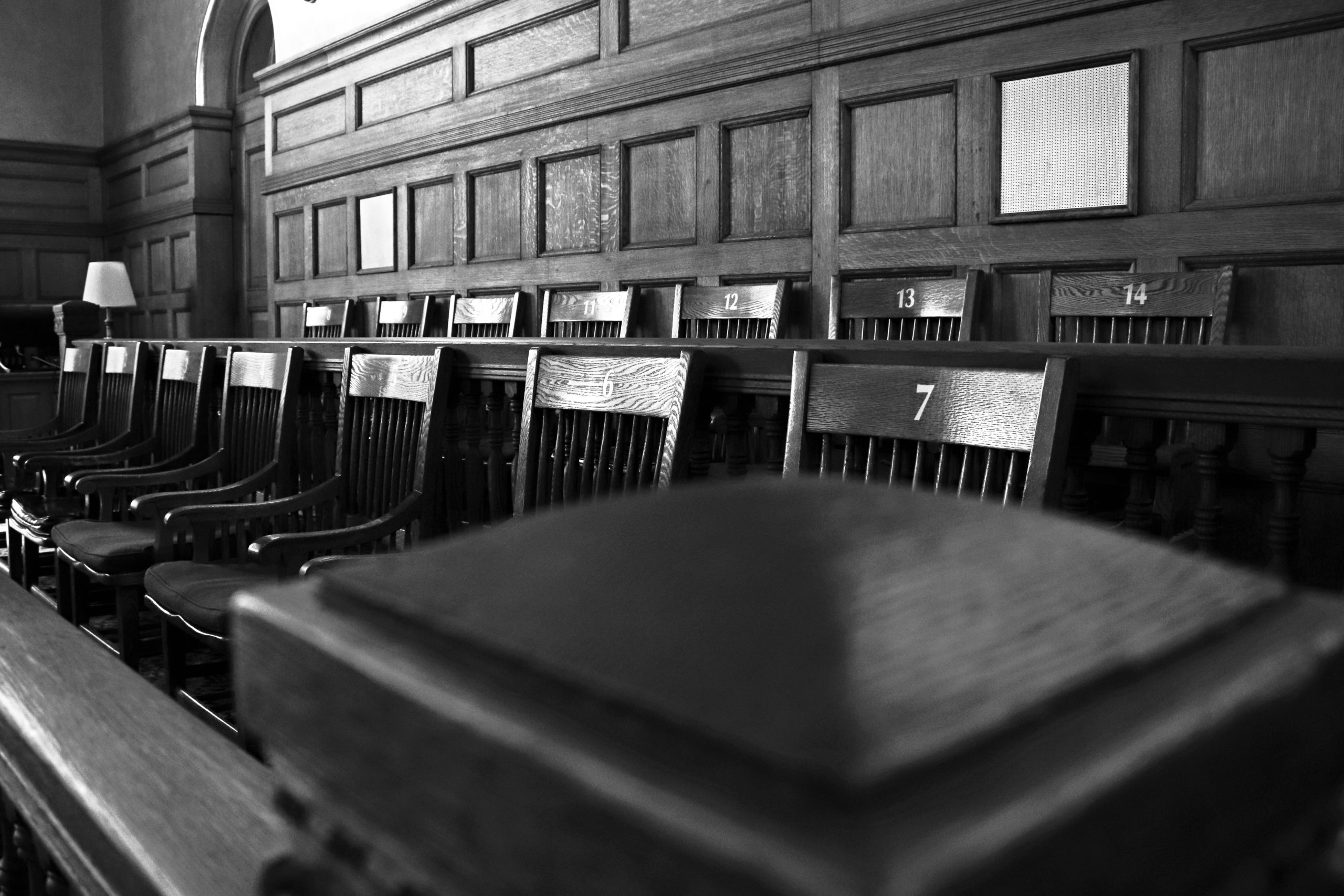 jury box ,courtroom black and white